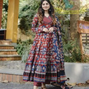 PURE COTTON AJRAKH PRINT ANARKALI KURTI WITH FULL FLAIR